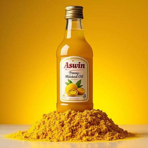 Image of a mustard oil bottle on a mound of yellow powder. Brand name Aswin displayed clearly. Description reads 'Creamy and Juicy'.