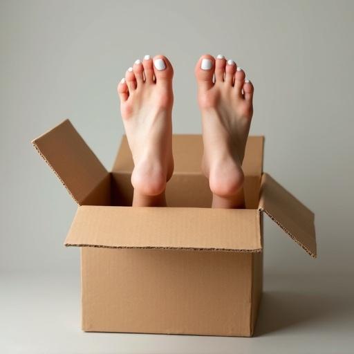 Female feet with white nail polish are sticking out from a large open cardboard box. The background is soft and neutral. This photo captures a casual feel and is bright and inviting.