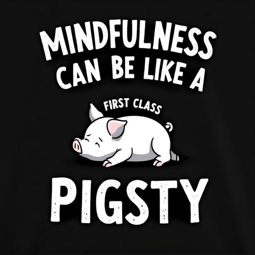 A black t-shirt features a humorous graphic. The text 'MINDFULNESS CAN BE LIKE A' is bold and stacked. Below is a cartoon of a sleeping piglet with a content expression. The words 'FIRST CLASS' appear in smaller curved font. 'PIGSTY' is large and in bold at the bottom.