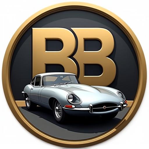 A logo design features a silver Jaguar E-Type prominently in front. The backdrop includes two mirrored B letters in large format. The medal showcases a black to gold gradient. The scene captures a sporty, dynamic depiction of the car.