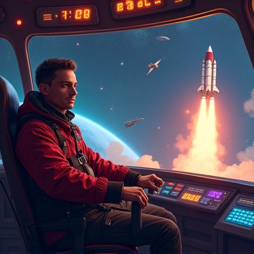 Inside spacecraft cockpit with a pilot seated. Glowing control panels and a countdown visible. Spaceship launches with bright exhaust trails. Cheerful background sounds.