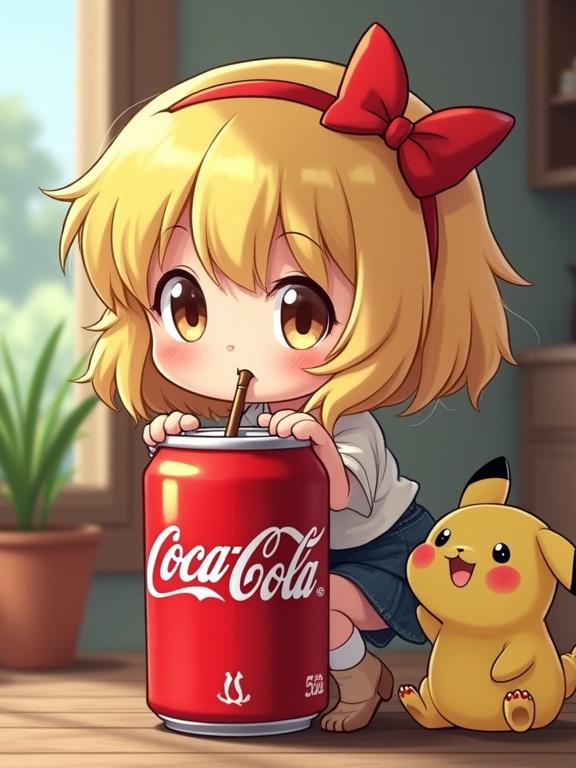 A 3D cute girl in Ghibli style enjoying Coca-Cola seated on a large Coca-Cola can with a small Pokemon beside her. The atmosphere is whimsical and fairy-tale-like, incorporating elements of bright colors.