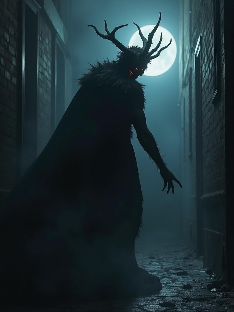 Demonic figure stands menacingly in an alley at night. Antlers adorn its head. The moon glows in the background casting a haunting light. Fog surrounds the figure creating a chilling effect.