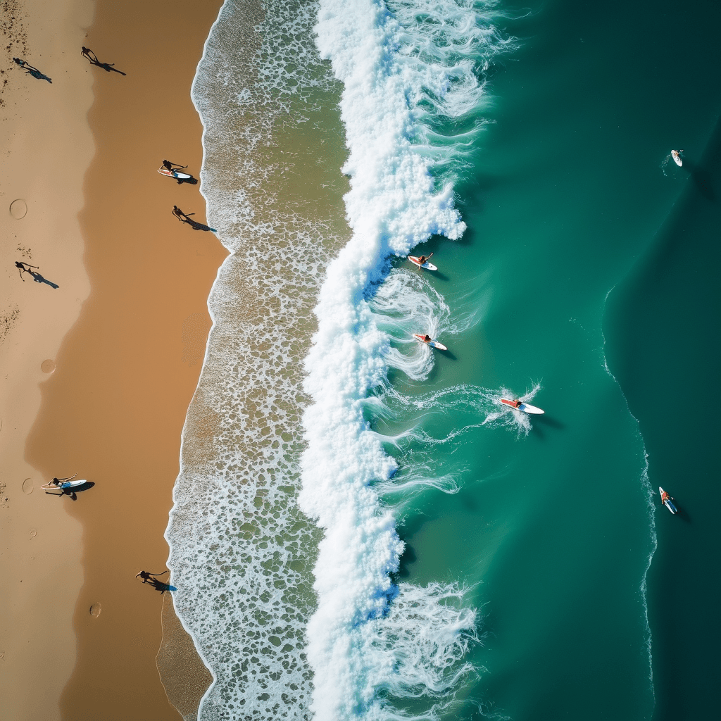 Aerial view of surfers riding turquoise waves as they approach a sandy beach under a clear blue sky.