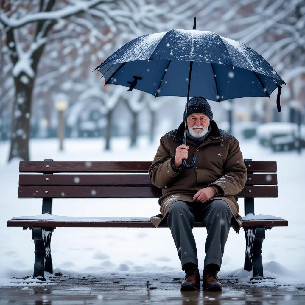 An old man sits on a wooden bench. He holds a dark blue umbrella. Snow falls around him but not on him.