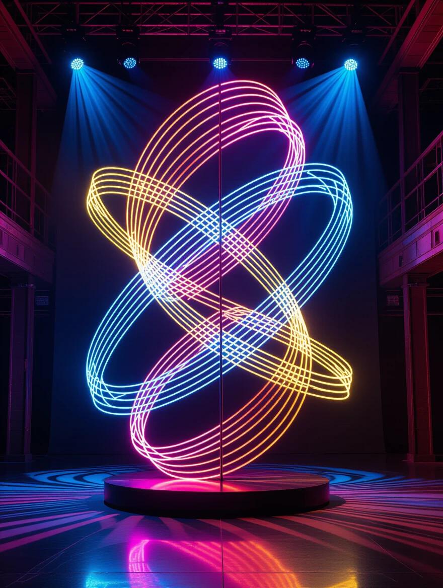 Colorful light sculpture during a live performance. Kinetic arcs and curves of glowing lines. Symmetrical grid layout present. Rusticcore textures used in stage design. Bentwood elements support the sculpture. Shot with a wide-angle lens. Vibrant light bursts and trails of motion. Visual balance and dynamic tension observed.