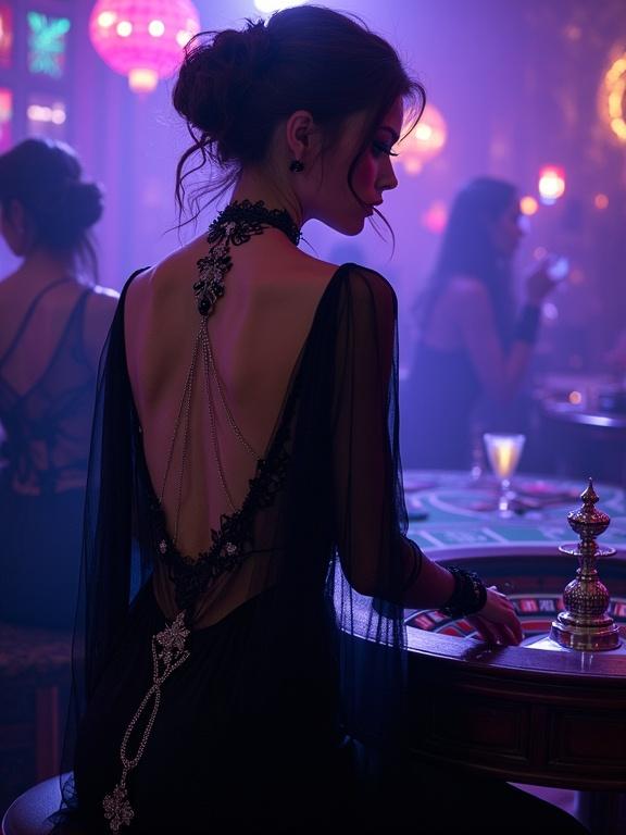 A captivating gothic sorceress at a roulette table. She wears sheer black chiffon that outlines her silhouette. Delicate silver chains adorn her bare back and neck. Occult sigils shimmer on her translucent dress. The atmosphere glows with violet neon light. Dramatic shadows highlight her collarbones. Cigarette smoke tends to swirl around her. A raven sits close by with absorbed eyes. Tarot cards hover near her waist suggesting secrets. The spellbinding energy is palpable.
