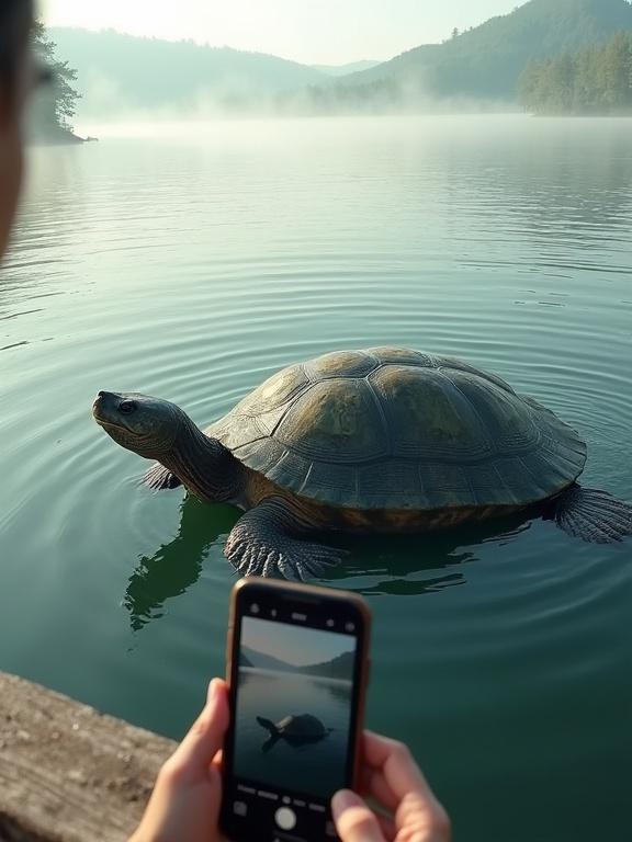 Hyper-realistic scene captured from a bridge. A person leans on the edge recording with a smartphone. Below, an unusually large turtle swims in the lake. Its textured shell reflects daylight. Mist hovers above the water. Ripples spread on the surface. Distant trees surround the area.