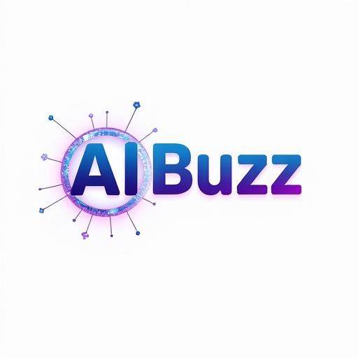 Logo design features the text 'AIBuzz'. The colors are neon blue and digital purple. It showcases AI-inspired tech patterns and glowing elements. The style is clean and vector-based. The background is white.