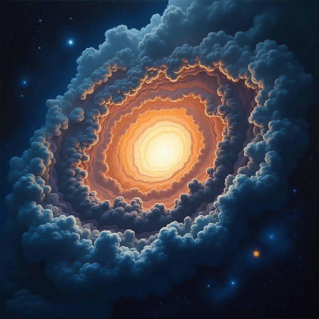 Illustration of a cosmic spiral formation with bright orange center surrounded by layered clouds and stars in the background.