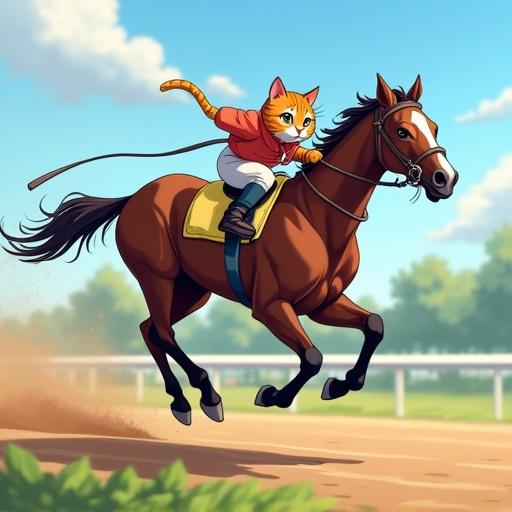 A cat riding a horse at a racetrack. Cat holds the reins. The setting is bright and lively. Anime-style illustration with high quality and performance.