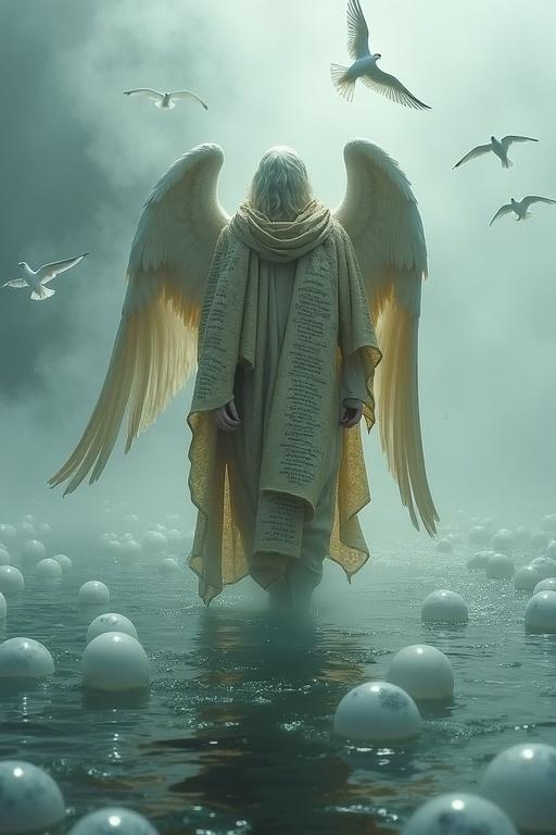 An angel stands in a sea of mist where faces of the forgotten emerge as bubbles. His robe is made of ancient scrolls with names of those who departed without farewells. Ghostly seagulls circle around him silently.