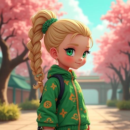 Anime styled little girl character in a forest. She has emerald green eyes and light blonde braided ponytail. She wears Louis Vuitton streetwear with golden lotus prints. Background features cherry blossom trees near a royal palace.