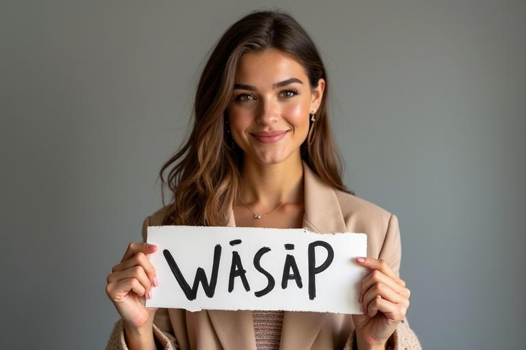A young woman in a stylish outfit is holding a sign saying WASAP. She has a friendly smile and a confident pose. The background is neutral in color for focus.