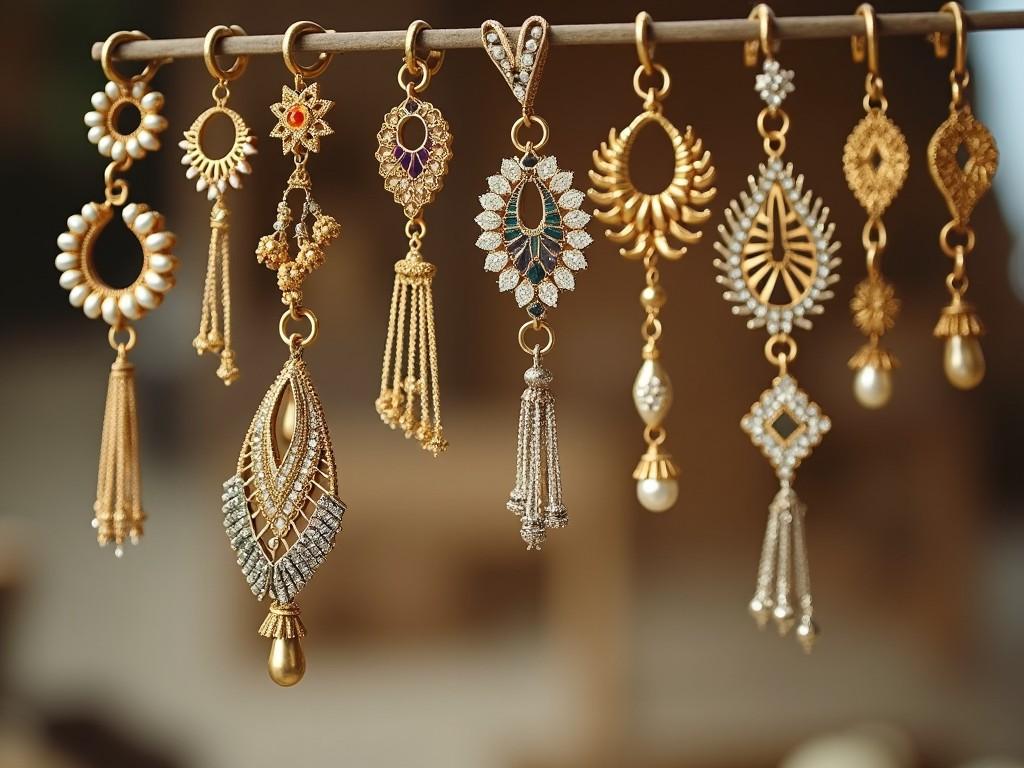 A collection of ornate golden and gem-studded earrings displayed on a horizontal rod, featuring various traditional and modern designs, with detailed craftsmanship and sparkling embellishments.