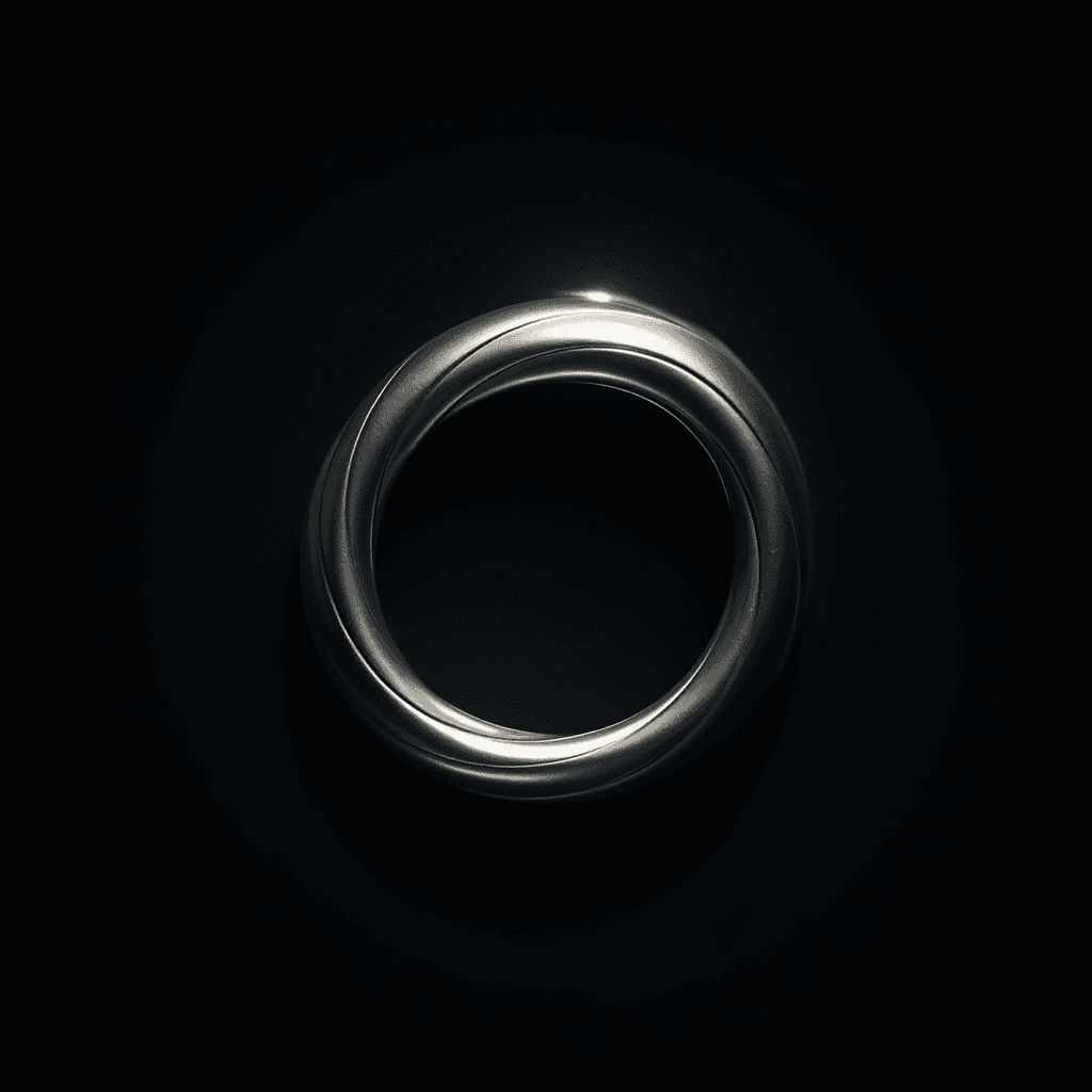 A twisted, metallic ring laced with intricate patterns, set against a dark background with a soft glow highlighting its edges.