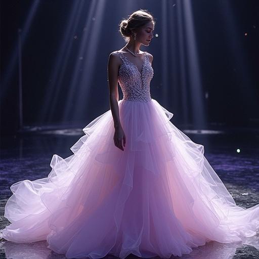 Model wearing a layered pink and white evening gown with a diamond necklace. The dress has a silk texture with a faint shimmer. The skirt spreads out from the waist with pink and purple layers resembling fog. Ethereal lighting creates a magical atmosphere as the model stands elegantly.
