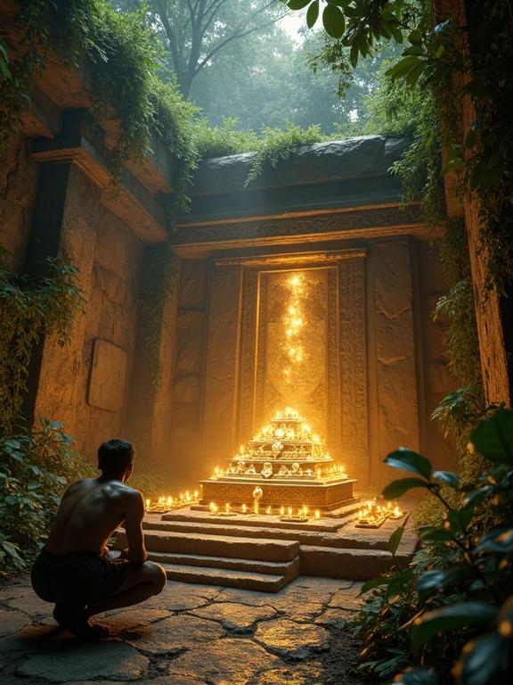 Hyper-realistic cinematic scene depicts treasure discovery in ancient jungle. Dense rainforest surrounds hidden stone temple. Vines drape over weathered facade. Golden light beams pierce canopy, illuminating chamber. Explorer kneels before ancient stone pedestal. Glowing treasure includes golden artifacts and gemstone-encrusted idols. Dust particles float in still air. Teammates watch in awe with flickering torches. Moment feels sacred and dangerous. Ultra-detailed textures and photorealistic lighting create dramatic sense of discovery.