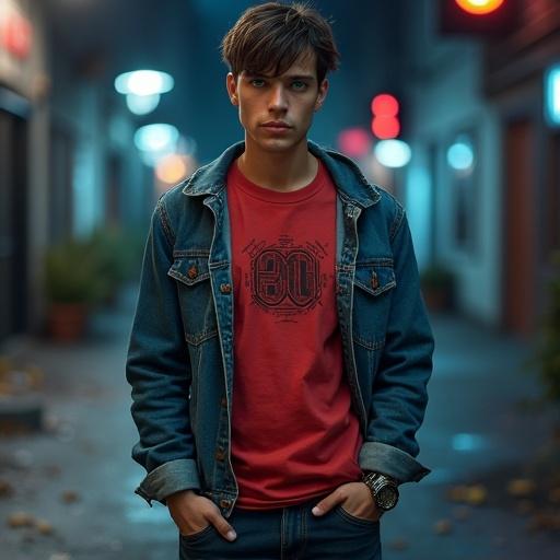 A young man with striking features in an urban setting. Wearing a red T-shirt with digital graphic and an open blue denim jacket. Dark blue jeans and yellow sneakers. Focused expression. Nighttime atmosphere. His hair is dark brown and tousled. Emerald green eyes shine vibrantly.