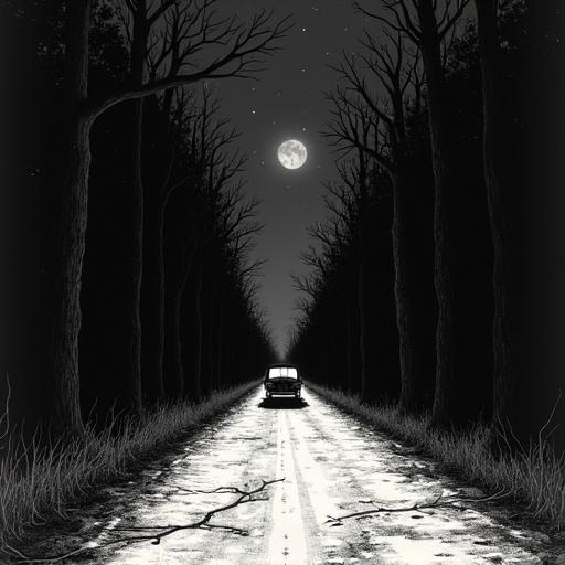 Dark lonely country road stretches into the distance under a night sky. Tall twisted trees form a tunnel on both sides of the broken road. A small vintage car moves slowly with headlights on. Fallen branches cross the road. Faint suggestion of red dots in the rearview mirror. Feeling of being watched. Dense shading with thick expressive lines. old paper texture.
