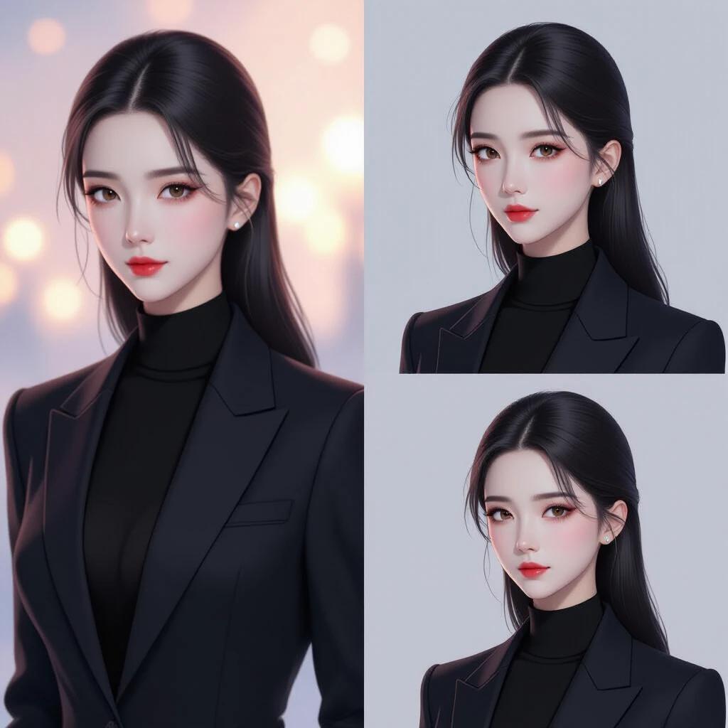 Character Zhou Jingyi in a black suit with cold pale skin and thin lips. Broad shoulders and narrow waist displayed with upright posture. Exudes noble and aloof aura. Close-up headshot with blurred background.