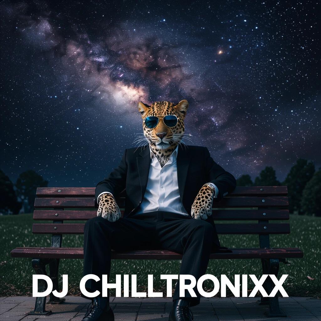 A leopard person in stylish clothes and sunglasses sits relaxed on a park bench. The background features a dark nebula sky with vibrant stars. Text at the bottom reads DJ Chilltronixx in bold white letters.
