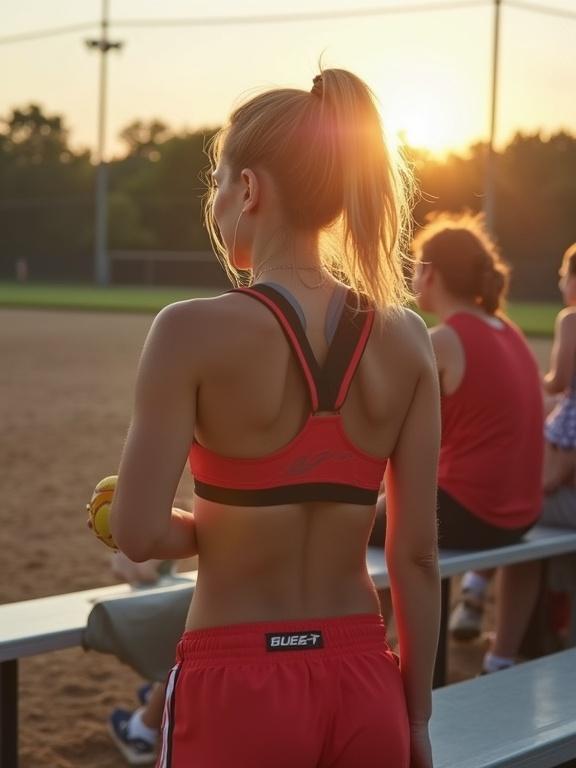 Mom on bleachers at softball game wearing sports bra tight running shorts. Dads behind trying to focus on game. Evening sun with long shadows. Low resolution cellphone photo, pixelated and low-res. Slight compression artifacts. Bright and unnatural colors typical of early Instagram filters.