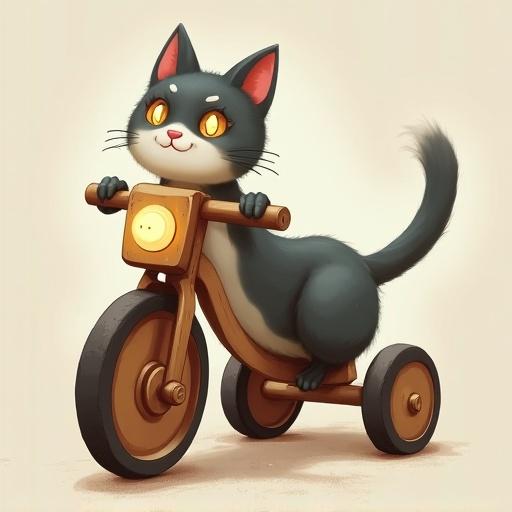 A playful tricycle with cat features. It has cat ears and glowing eyes. The body is a wooden tricycle with a glowing cat face on the front wheel. Style is whimsical and mystical. Background is soft and neutral.