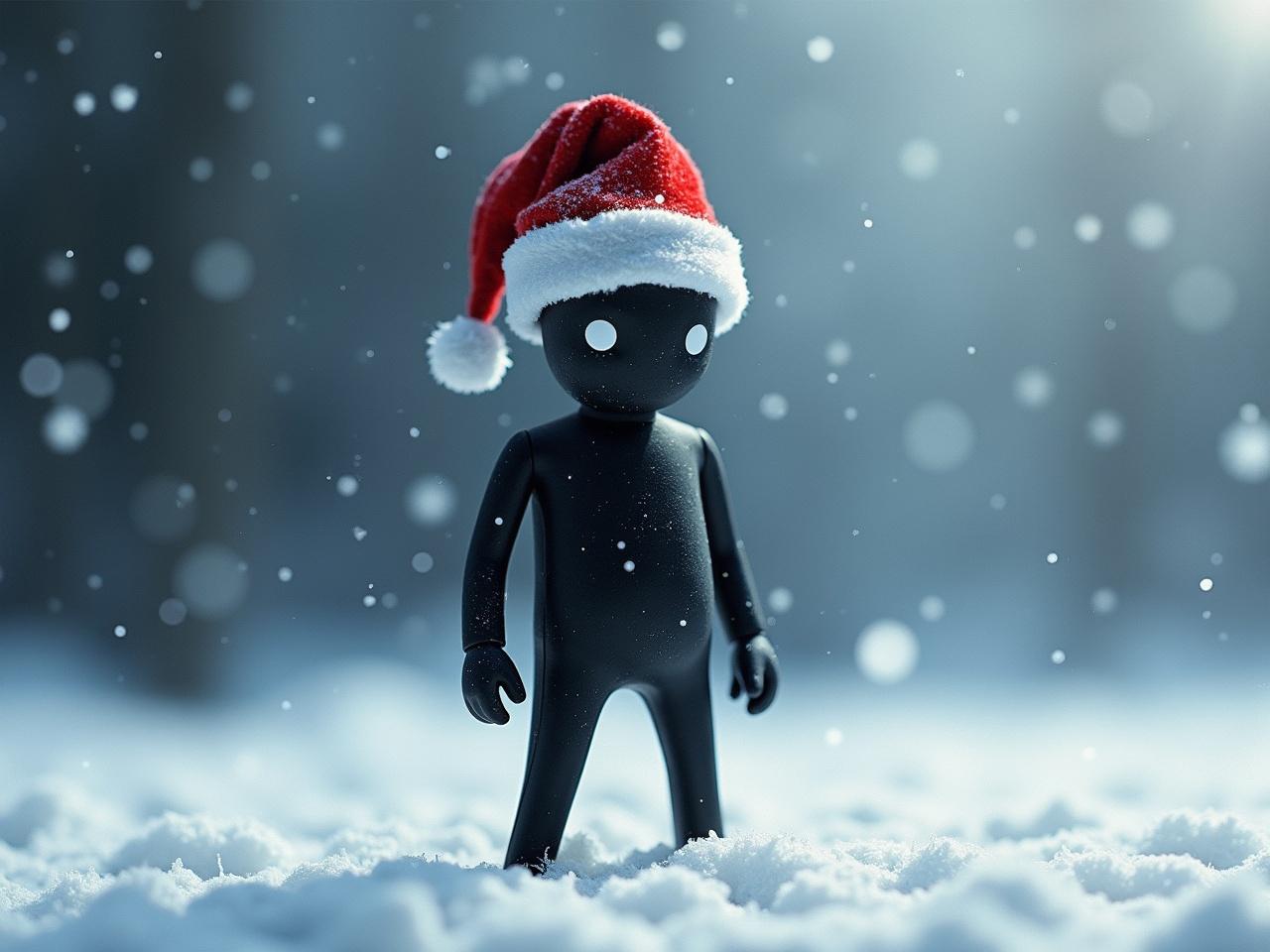 This image features a figure, reminiscent of a quixotic character, standing boldly. The figure is styled in a striking black and white design, showcasing bold lines and an expressive pose. Instead of a regular hat, there is a red Santa Claus hat adorning the character's head, adding a whimsical holiday touch. The background has been transformed to evoke a wintry, cold atmosphere, featuring shades of blue and white to suggest snow and frost. The overall composition is now square, focusing attention on the character in this festive setting.