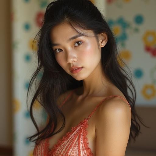 Beautiful realistic portrait of an Asian woman with long hair in soft lighting. She wears a stylish outfit and has a gentle expression.