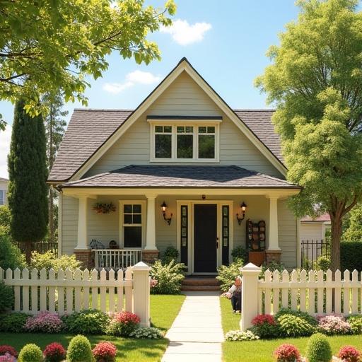 A sunny suburban neighborhood on a bright spring afternoon. A charming house with a white picket fence and blooming flowers stands prominently. The green front yard is lively with young friends. A warm sense of family love and joy fills the scene, reminiscent of European houses and culture from the 70s.