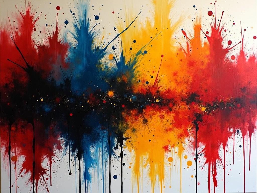 This artwork features a stunning explosion of colors, primarily red, blue, yellow, and black. The splashes create a vibrant and energetic feel, reminiscent of fireworks or an artistic expression of emotion. The painting blends the colors seamlessly in the center, with dynamic splatters extending outward. The background remains simple and white, allowing the colors to pop visually. It evokes feelings of joy and creativity, making it a striking piece for modern decor.