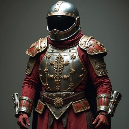 A futuristic armored soldier wearing a sleek helmet and ornate armor with metal detailing. The armor features a rich crimson color, highlighted by silver accents. The background is neutral, allowing the armored figure to stand out prominently.