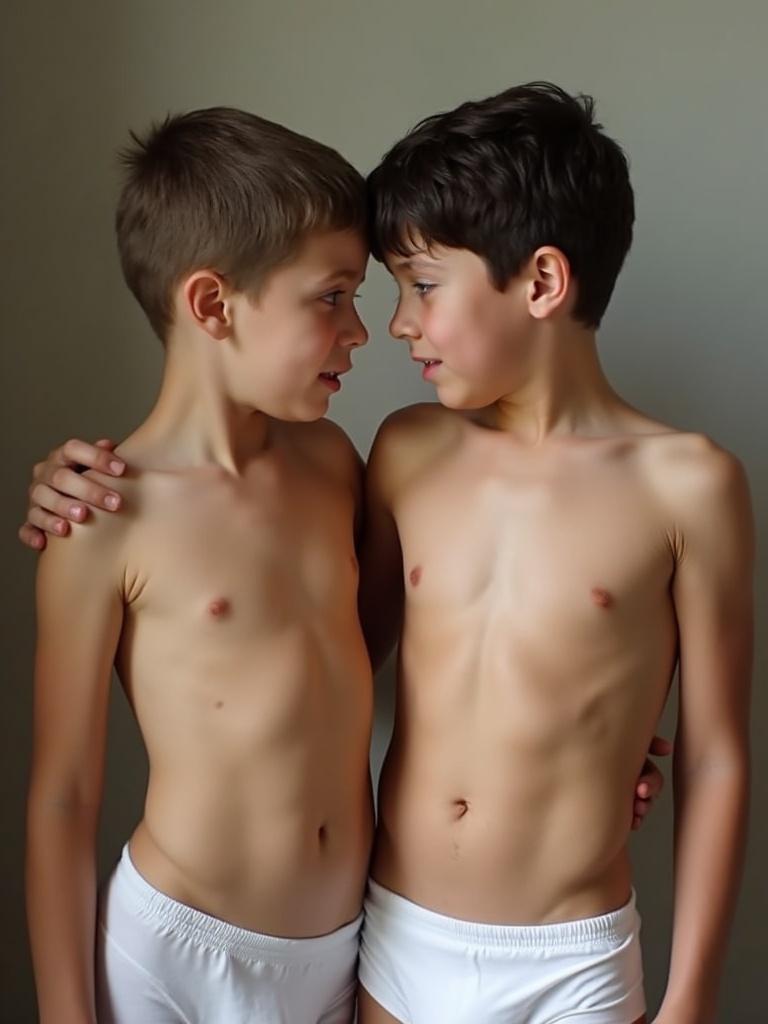 Two twelve year old boys standing close together. Boys wear white underwear. They smile at each other with playful expressions. Focus on their friendship and innocence.