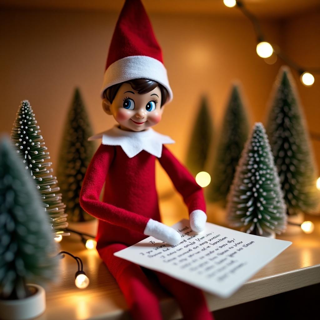 Elf on the shelf dressed in red sits on a shelf. The elf is holding a letter and is surrounded by miniature Christmas trees and warm glowing lights. Cozy holiday atmosphere.