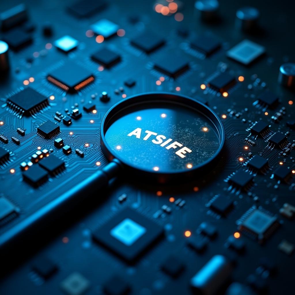 Close-up of a circuit board with a magnifying glass. The lens shows the word ATSIFE among circuitry. Includes microchips and LED lights. Dominant colors are blue and silver. A detailed tech search operation.