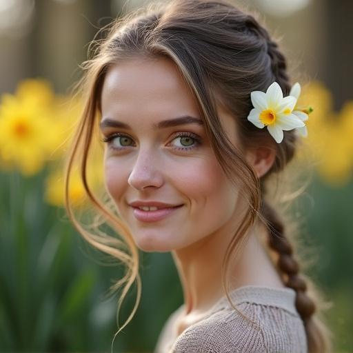 Portrait of a woman with braided hair wearing a daffodil in her ear. She gazes at the viewer. Image captures a warm atmosphere with natural light.