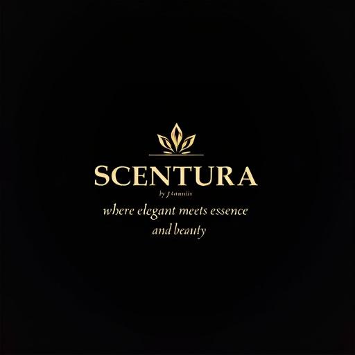 Black and gold logo design with Scentura by Favita name and tagline emphasizing elegance and beauty.