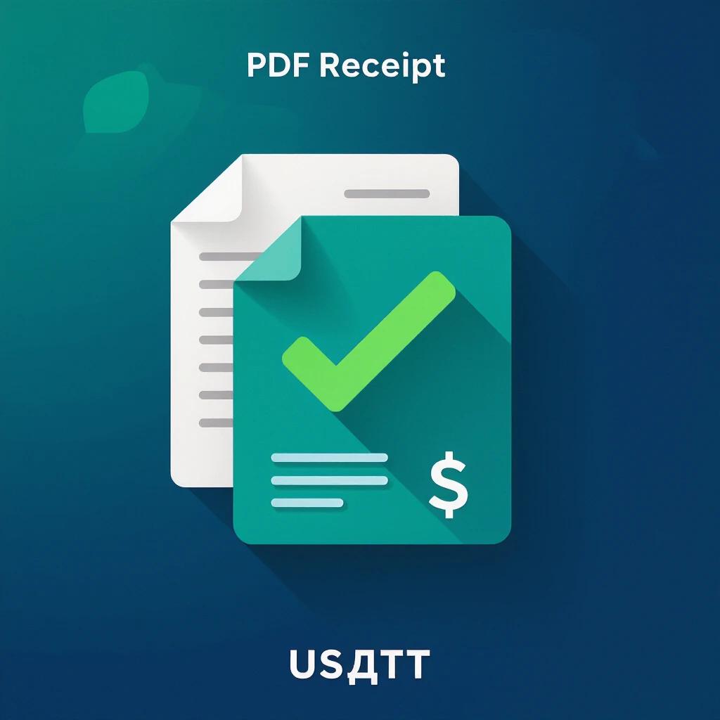 Minimal-style logo showcasing a PDF receipt verification service. Central element is a dark teal document icon partially open. Features a green checkmark across the document. The USDT symbol is in the bottom right corner in matching color. Serious style emphasizes bright and dark colors contrast. Clean geometric shapes utilized.