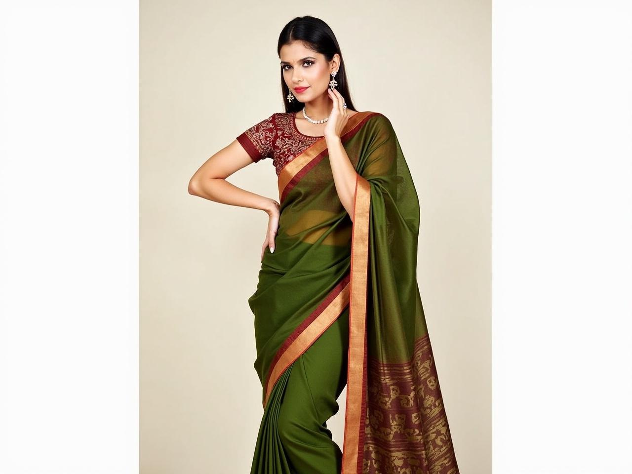 The image features a woman dressed in a beautifully styled saree. The saree has rich colors, including shades of green and brown with striking patterns. She poses confidently, with one hand resting on her hip and the other placed on her neck in a relaxed manner. Her blouse has intricate designs, adding elegance to the overall attire. The background is plain, which helps to emphasize her outfit. She appears to be showcasing the traditional beauty of Indian attire.