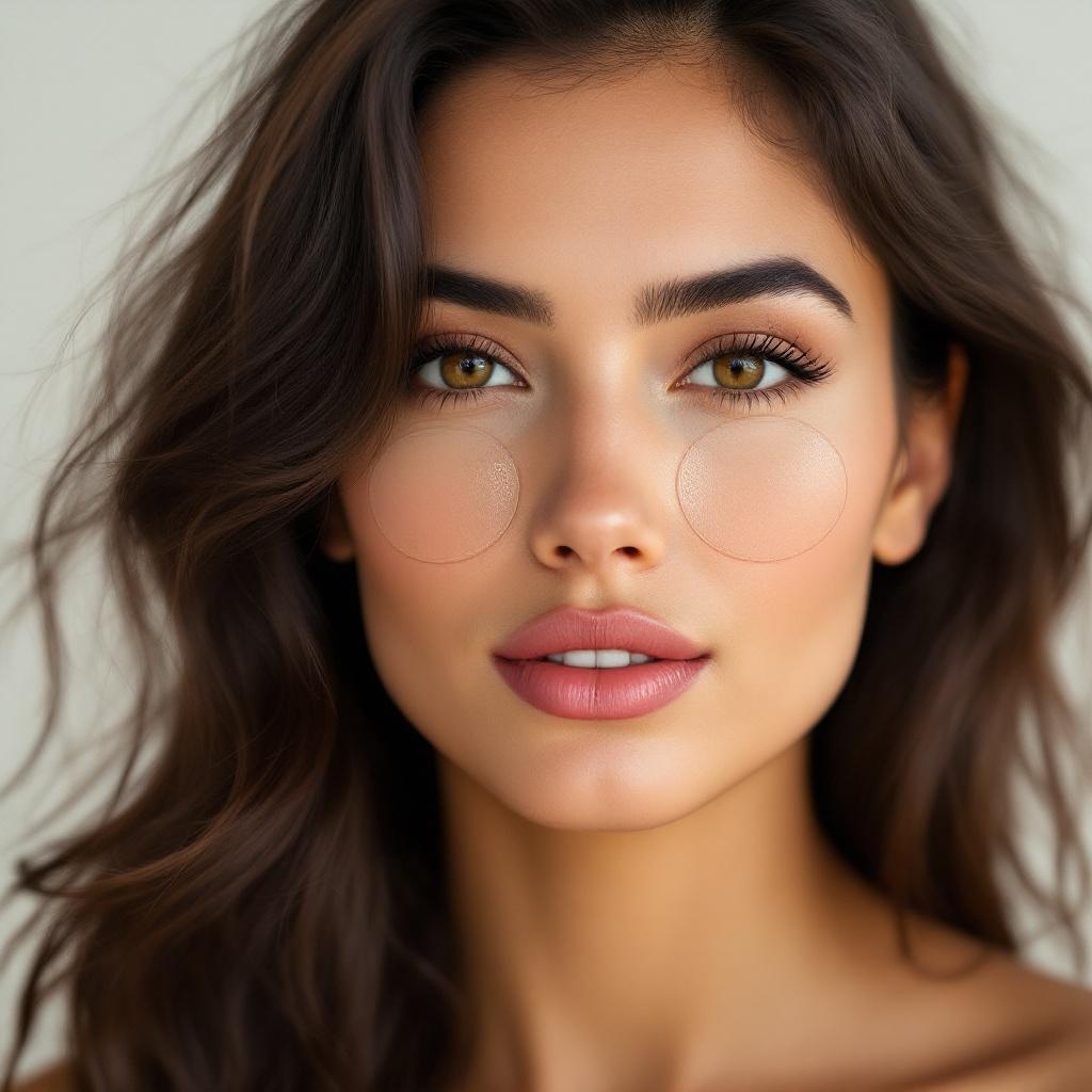 Close-up image of a female model in studio lighting. Model has warm medium skin tone and dark brown wavy hair. She has light pink lips and a neutral expression. Translucent silicone nipple covers on her chest. Soft lighting creating gentle shadows.