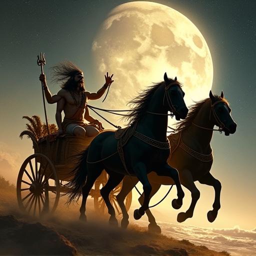 Shani rides a chariot. Chariot pulled by black horses. Darkness and truth influence. Celestial background with a moon.