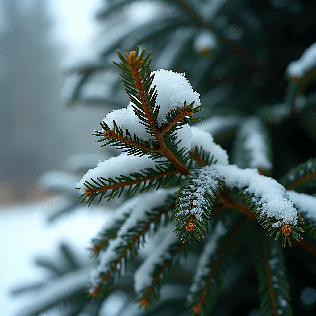 A close-up of a snow-covered evergreen branch with a soft focus background.