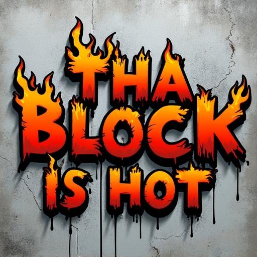 Bold jagged letters with aggressive slant outline in black fiery orange red gradient flames around the edges pistol or dice in the O of BLOCK background cracked concrete texture.