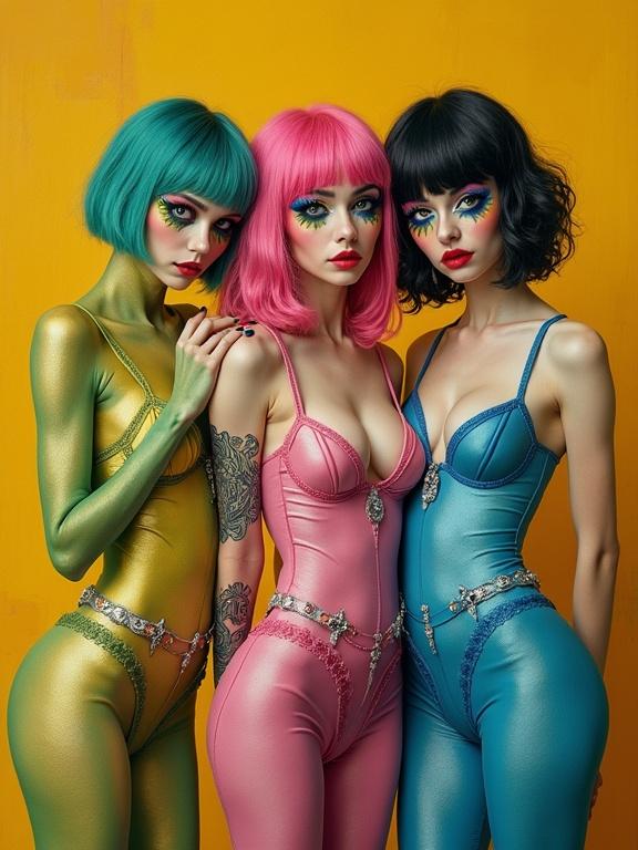 Surreal portrait of three models in vibrant outfits with exaggerated colors. Shades of green, magenta, yellow, and blue. Intricate details in their designs. Bold contrasting background of yellow ochre and burnt sienna.