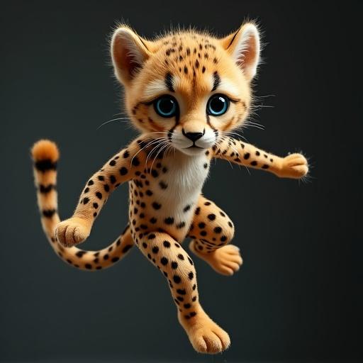 A young woman in a cheetah costume featuring ears and a tail is jumping onto a black puppet. The character has striking blue eyes and the outfit has a leopard pattern. The scene captures the playful essence of the character.