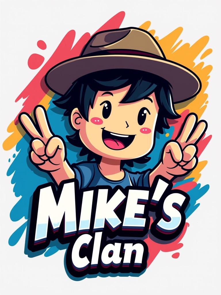 Logo design features a cartoon character wearing a hat The character smiles and shows a peace sign Bright colors create an engaging background Text reads Mike's Clan