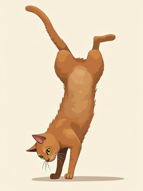 Stylized image of a cat performing an upside down handstand. Cat features a brown fluffy body with green eyes. Background is light cream.