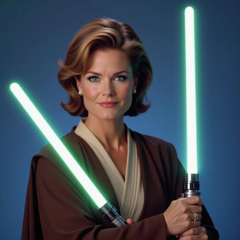A female figure dressed as a Jedi holds two green lightsabers. The figure wears a Jedi robe and has stylish hair. The background is a solid, light blue color to enhance the focus on the figure and lightsabers.