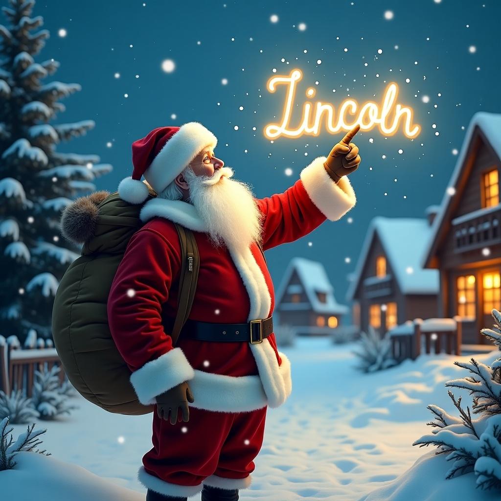 In this enchanting winter scene, Santa Claus is dressed in his iconic red suit, complete with a fluffy white beard and a large sack over his shoulder. He's standing in a snowy village, pointing up at the sky where he is magically writing the name 'Lincoln' with glowing light. Snowflakes gently fall around him, and charming wooden houses with warm lights can be seen in the background, surrounded by evergreen trees. The overall atmosphere is festive and joyful, capturing the spirit of Christmas. This image embodies the wonder of the holiday season, inviting feelings of happiness and nostalgia.